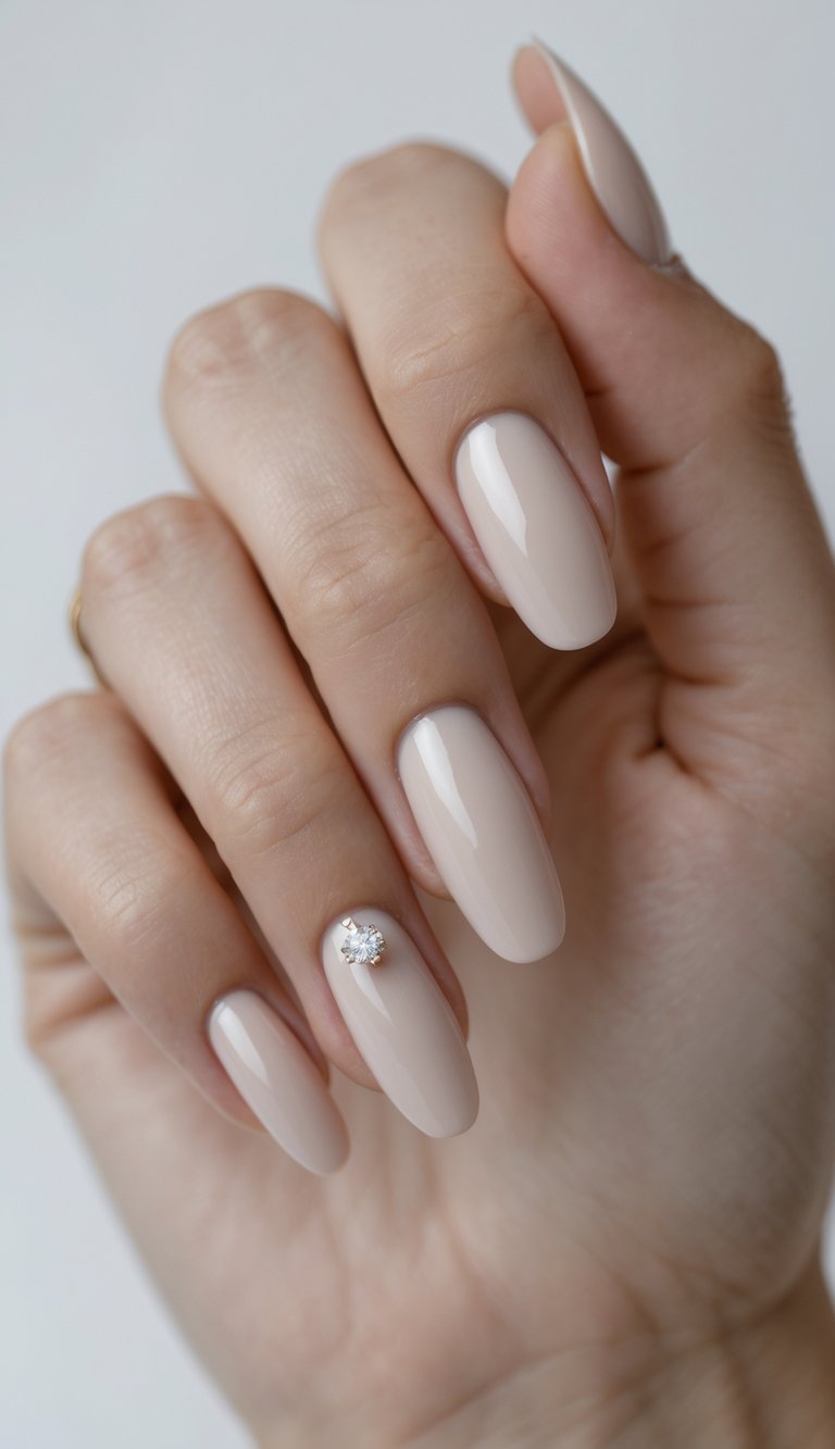 Close-up photo of one hand with neatly manicured nails, featuring plain polish and a single rhinestone on one nail, against a white background.