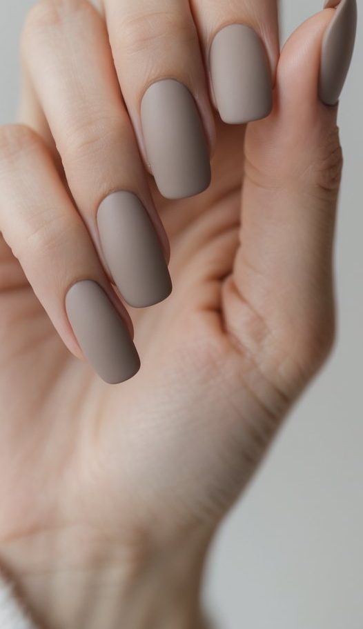 Close-up of one hand showing neatly manicured nails painted in a muted taupe matte color against a white background.