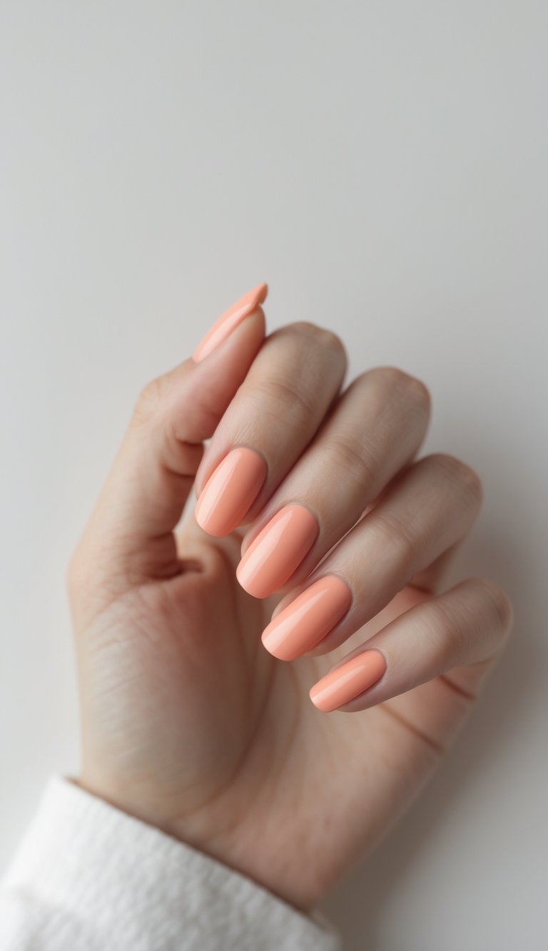Close-up of one hand with neatly manicured soft coral colored nails against a white background.