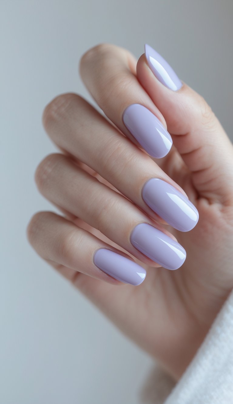 Close-up of one hand with pale lavender glossy nails against a white background.