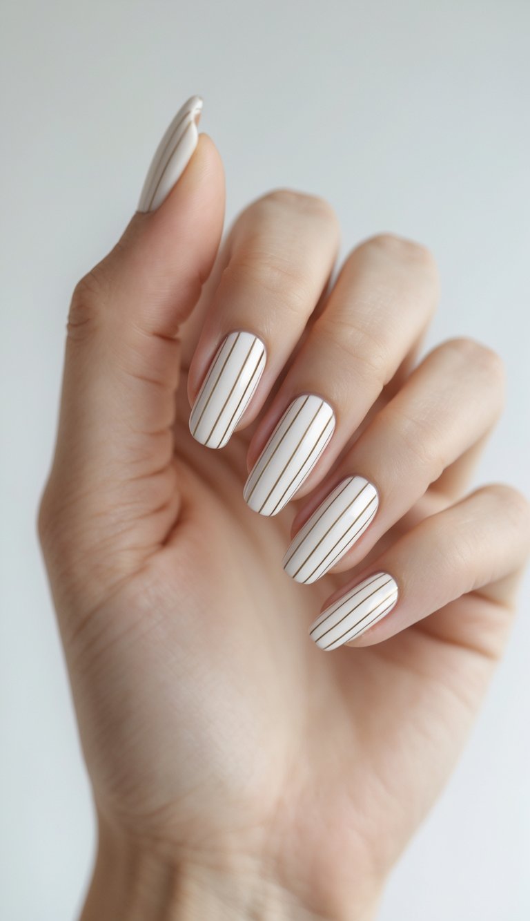 Neutral nails with uniform vertical gold lines, offering a clean and stylish approach to plain nail art.