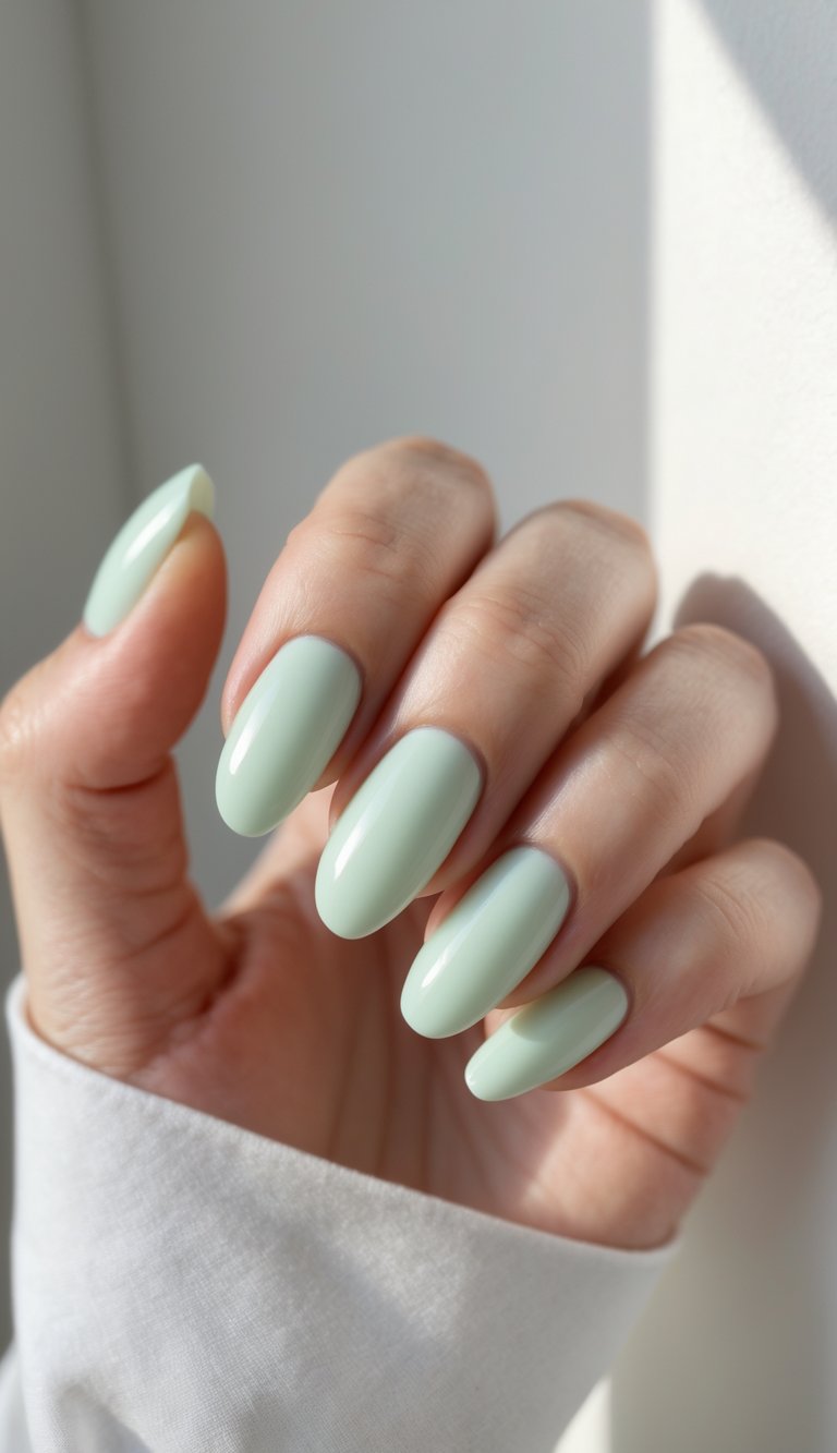 Close-up of one hand with soft mint green polished nails against a white background.