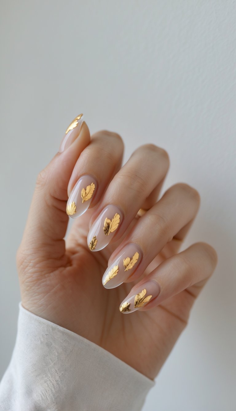 Almond nails with transparent base and scattered gold foil leaf elements, capturing an ethereal and modern plain nail art style.