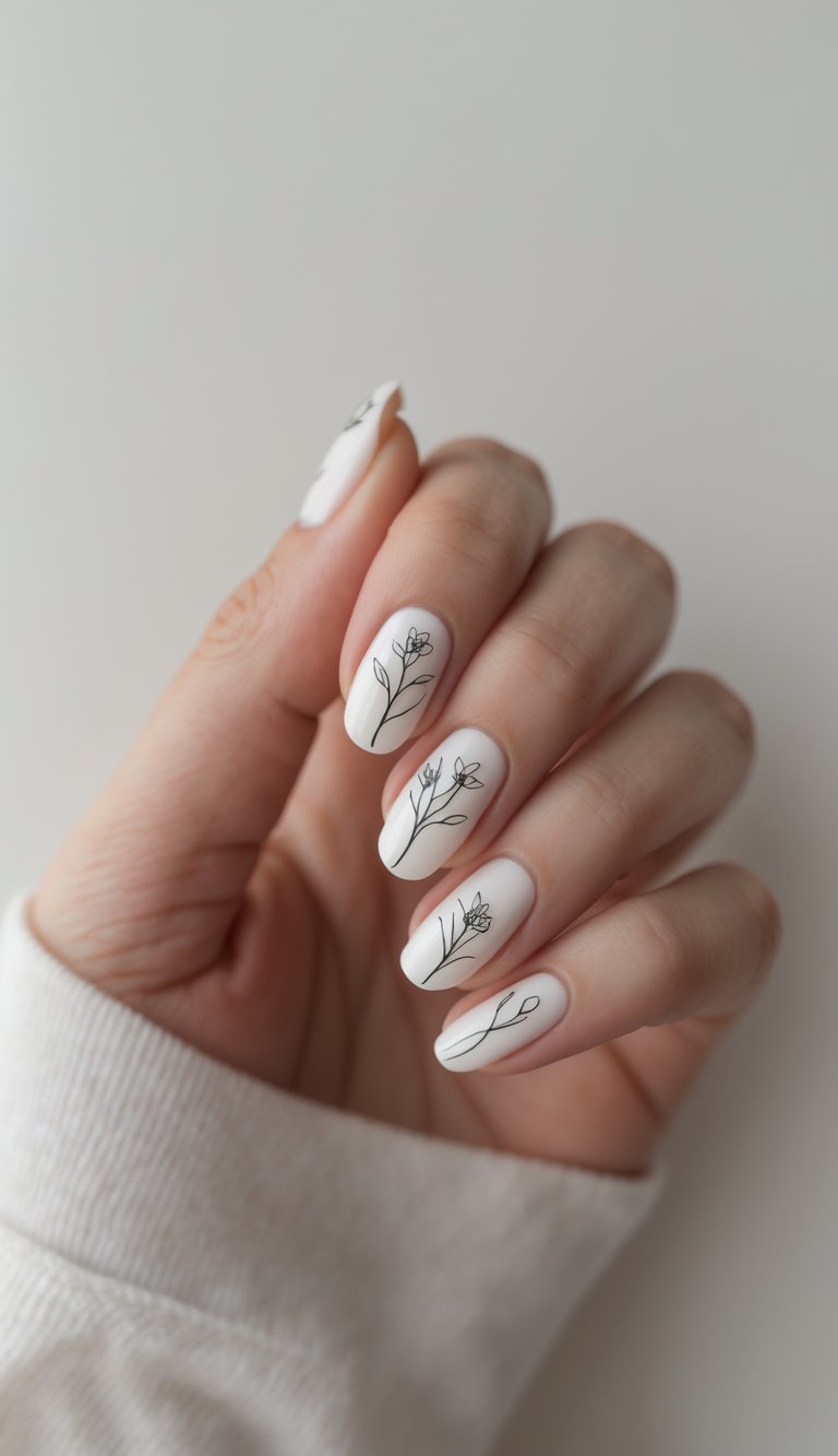 White nails with delicate black line-art floral drawings, showcasing a soft and artistic take on plain nail art.