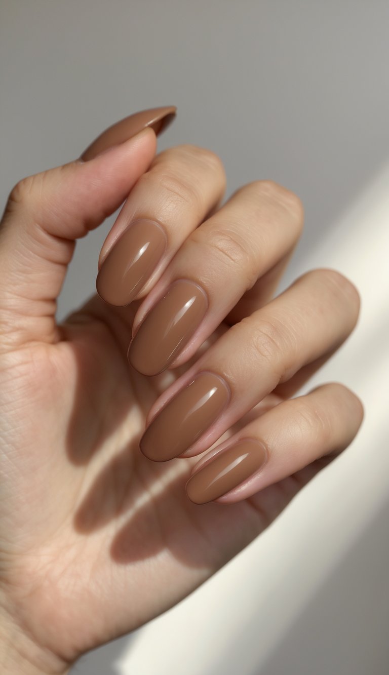 Glossy almond-shaped nails in rich chestnut brown, offering a sleek and warm-toned plain nail art look.