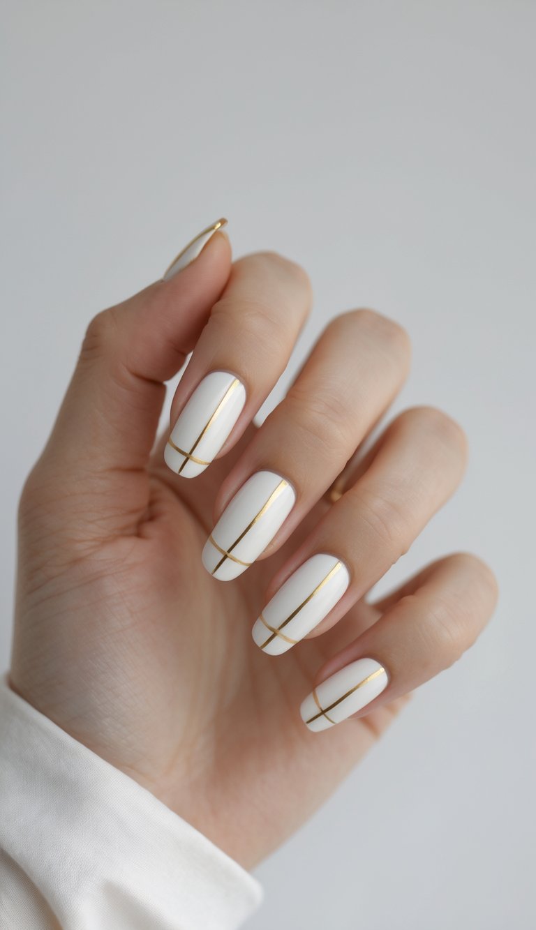 Creamy white nails with minimal golden lines that create a soft grid, offering an elevated plain nail look.