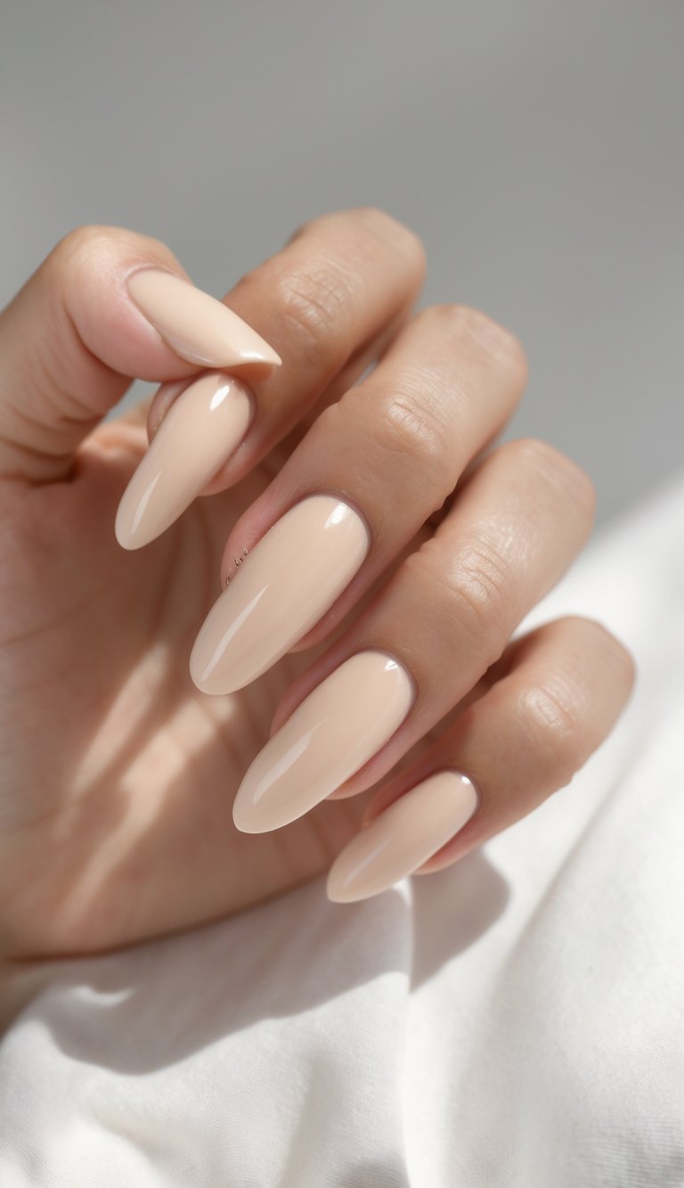 Close-up of one hand with natural beige shiny manicured nails against a white background.