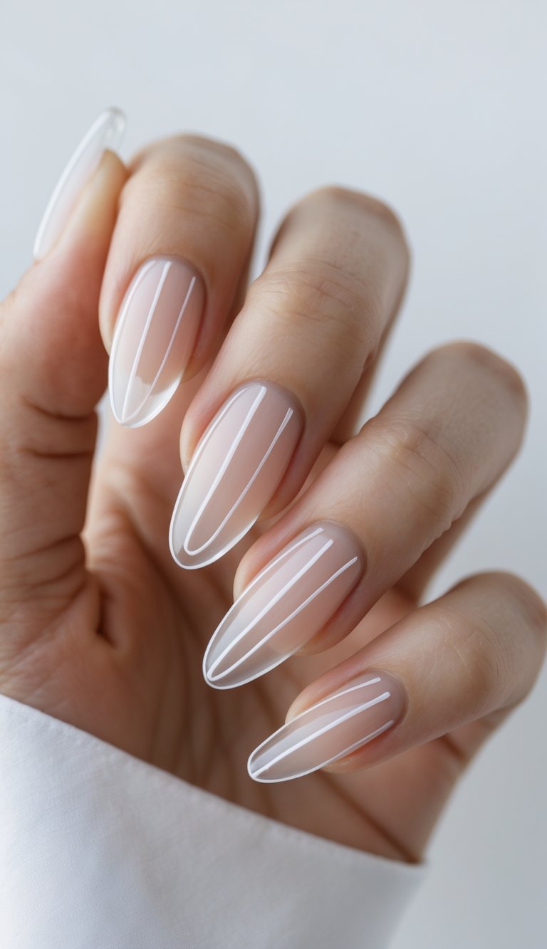Close-up of one hand showing clear nails with white line designs against a white background.