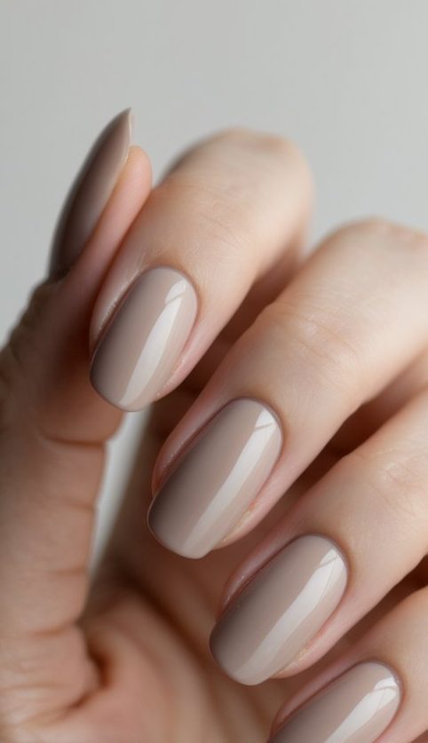 Close-up of one hand with light taupe glossy manicured nails against a white background.