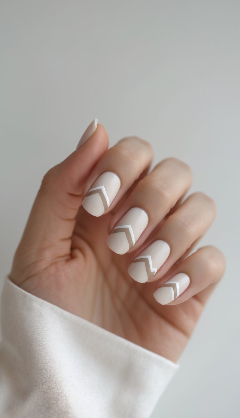 Close-up of a hand showing neatly manicured nails with a simple chevron design on a white background.