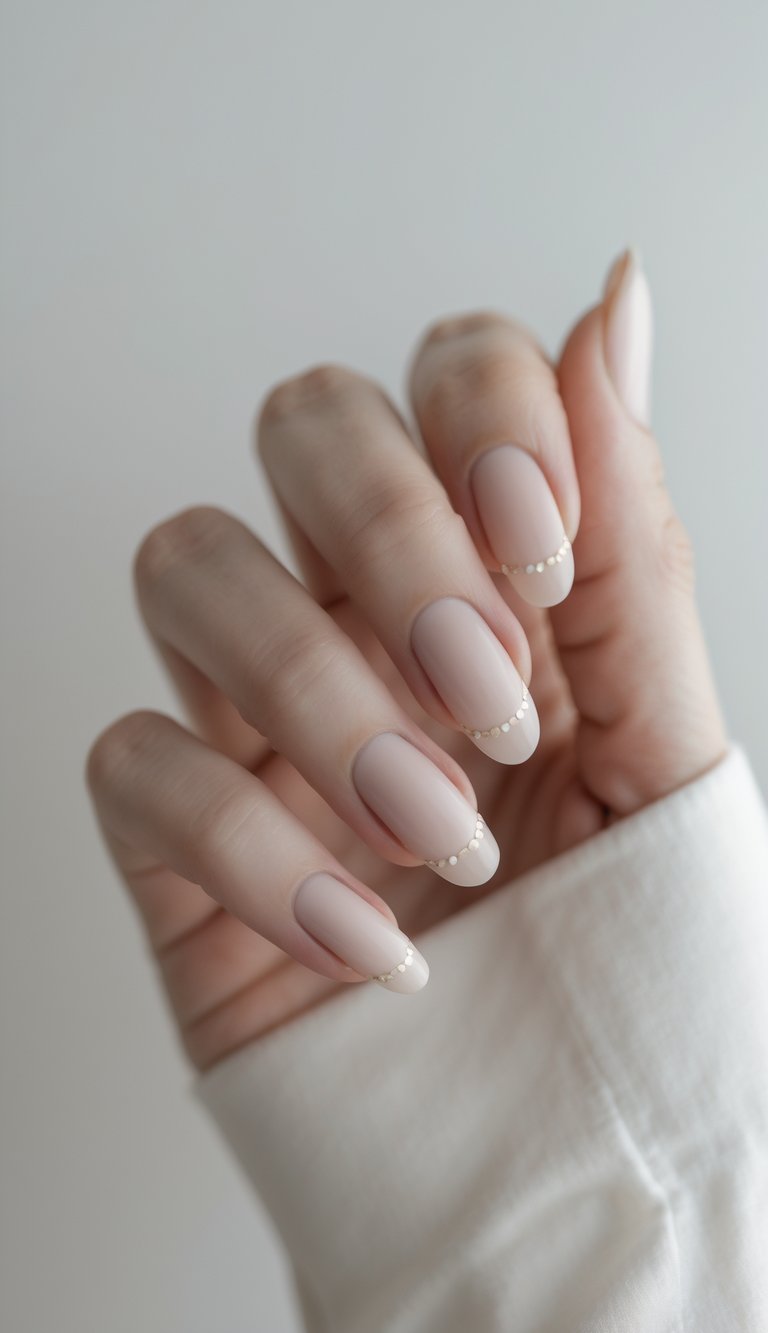 Pale beige nails with dainty ivory dot accents at the tips, adding subtle charm to a plain nail look.