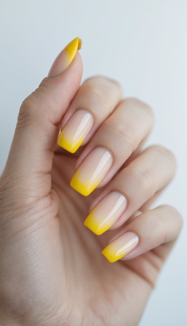 Close-up of one hand showing nails with yellow ombre French tip nail art against a white background.