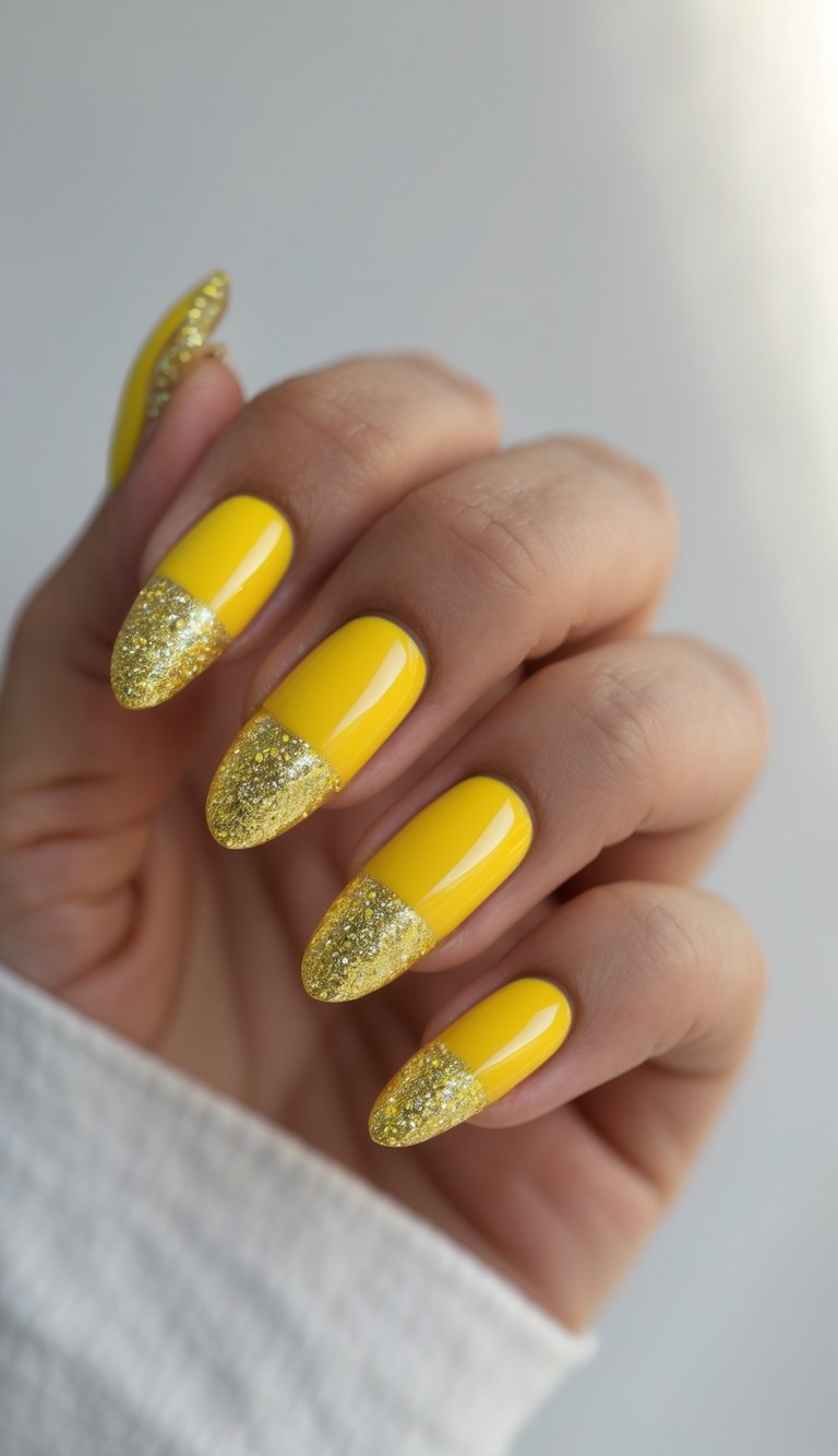 Close-up of one hand showing nails with yellow glitter and yellow French tip nail art against a white background.