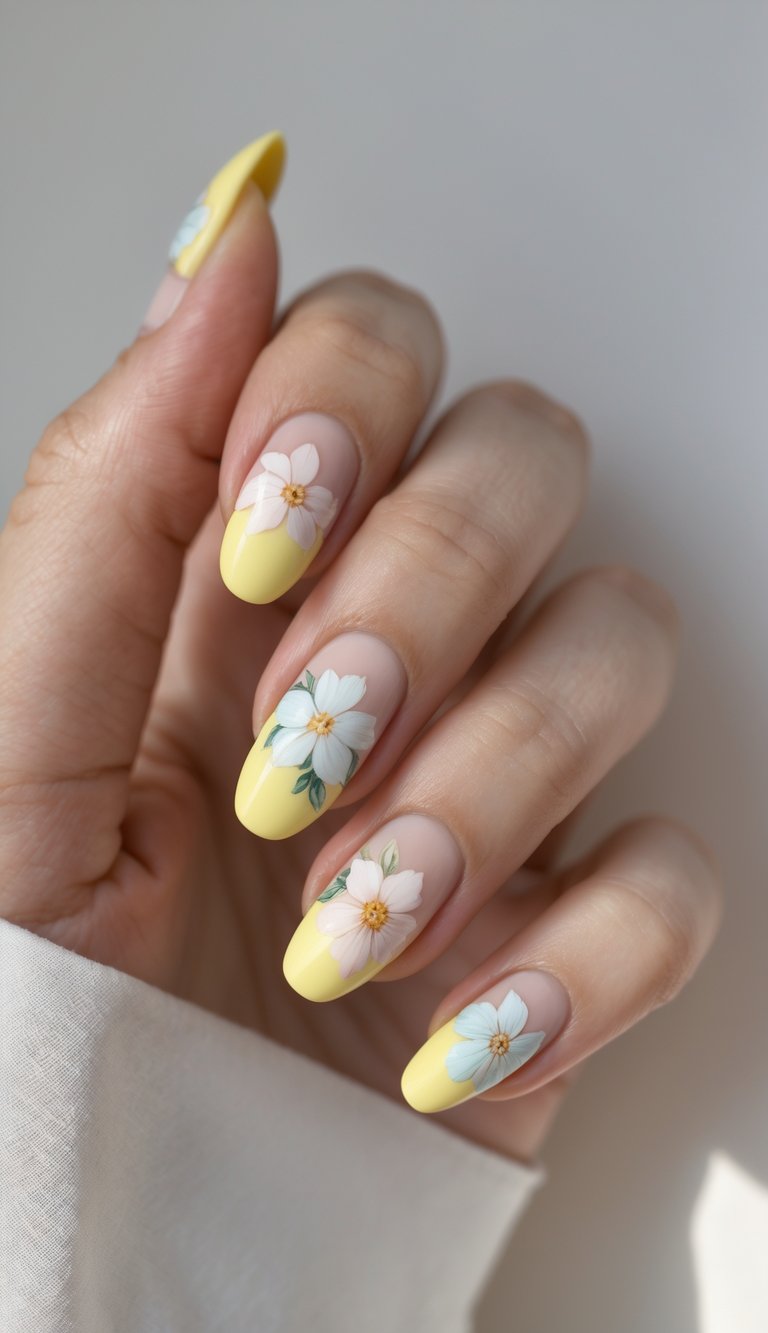 Close-up of one hand with nails painted in pastel yellow French tips and floral designs on a white background.
