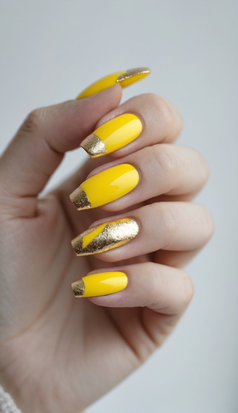 Glossy sunflower yellow nails with brushed metallic gold foil tips for a bold, luxurious French manicure twist.