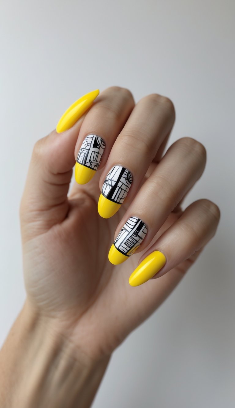 Nails with vivid yellow tips paired with black-and-white abstract art designs, creating a playful and graphic look.