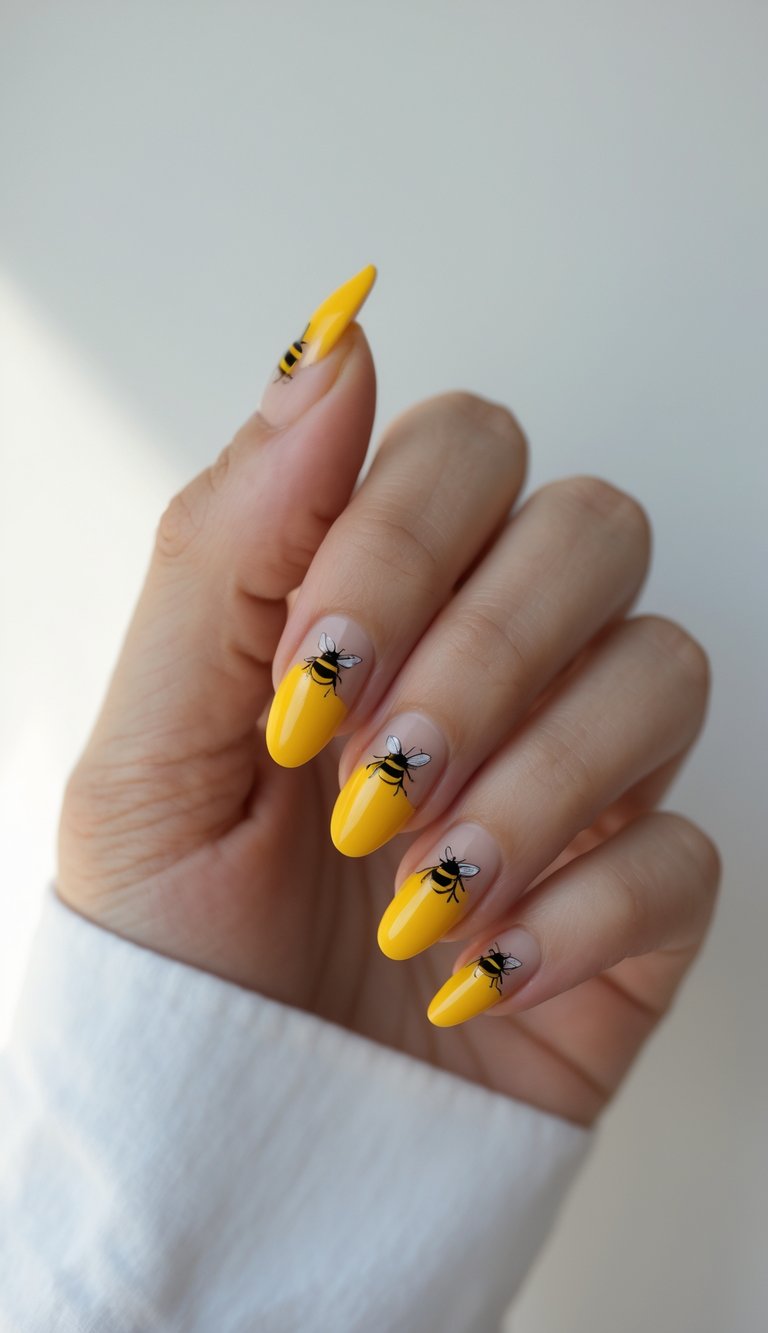 Yellow French tip nails decorated with detailed bumblebee illustrations, combining bright polish with playful insect art.