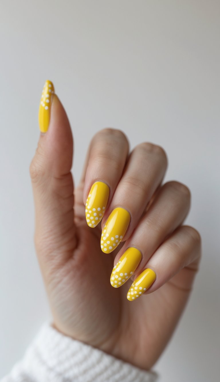 Bright yellow nails with white dot clusters forming a playful French tip design, perfect for a sunny, polished vibe.