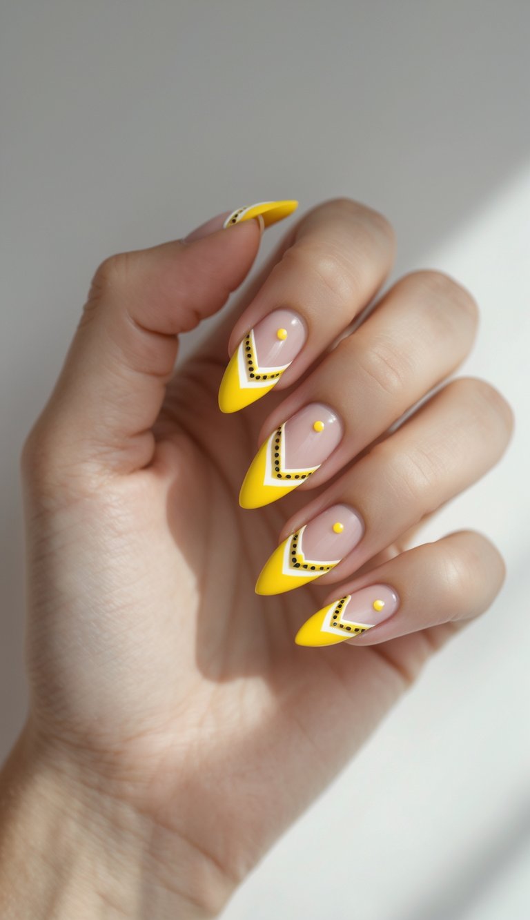 Nails with bold yellow chevron French tips, black dotted detail, and central yellow dot accents over a nude base.