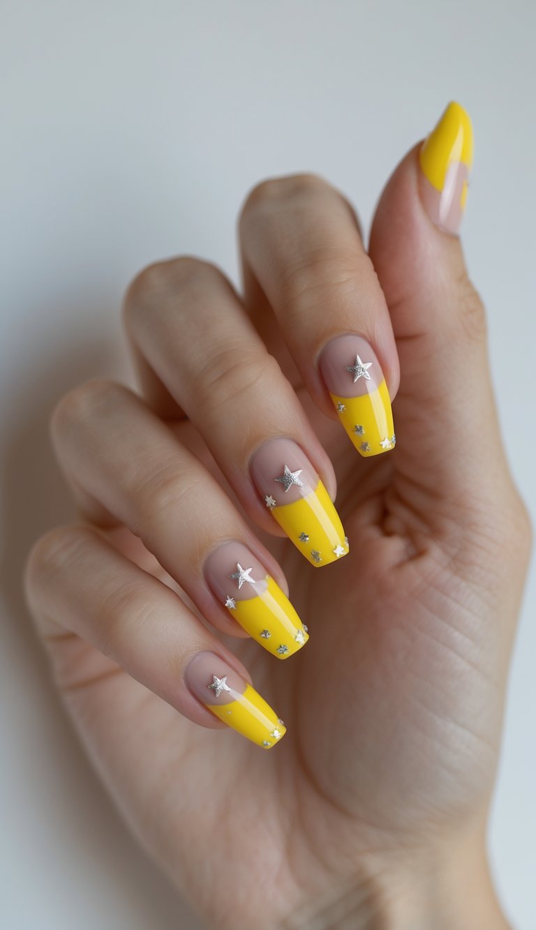 Bright yellow French tips adorned with silver star embellishments and mini metallic accents for a whimsical, glittery finish.