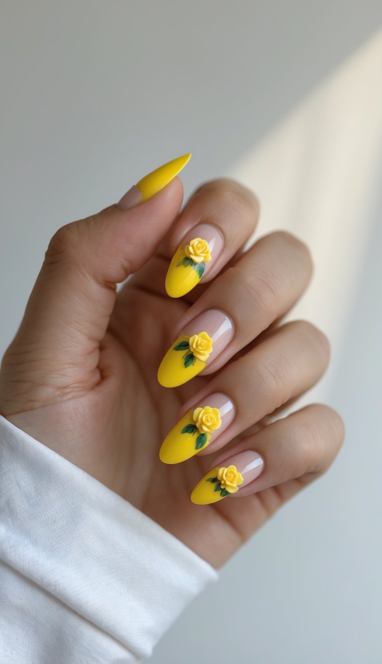 Nails with vibrant yellow French tips and raised yellow rose embellishments for a dreamy, romantic floral design.