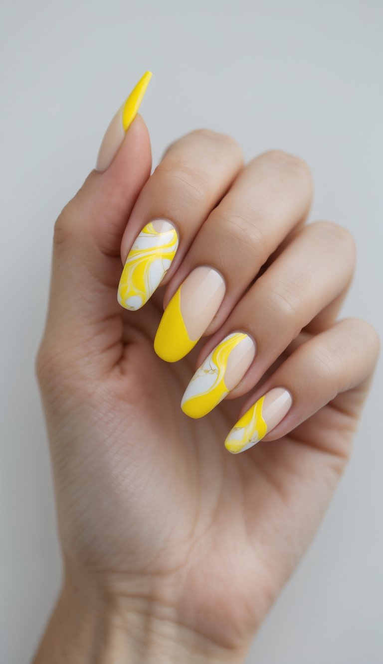 Hand with yellow French tips and swirled yellow-and-white marble accents on almond nails for a creative, artsy manicure.
