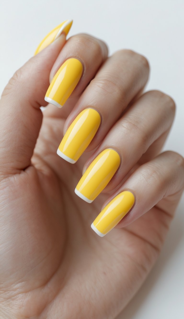 Glossy canary yellow nails with sharp, thin white French tips for a polished and minimal yellow nail art look.