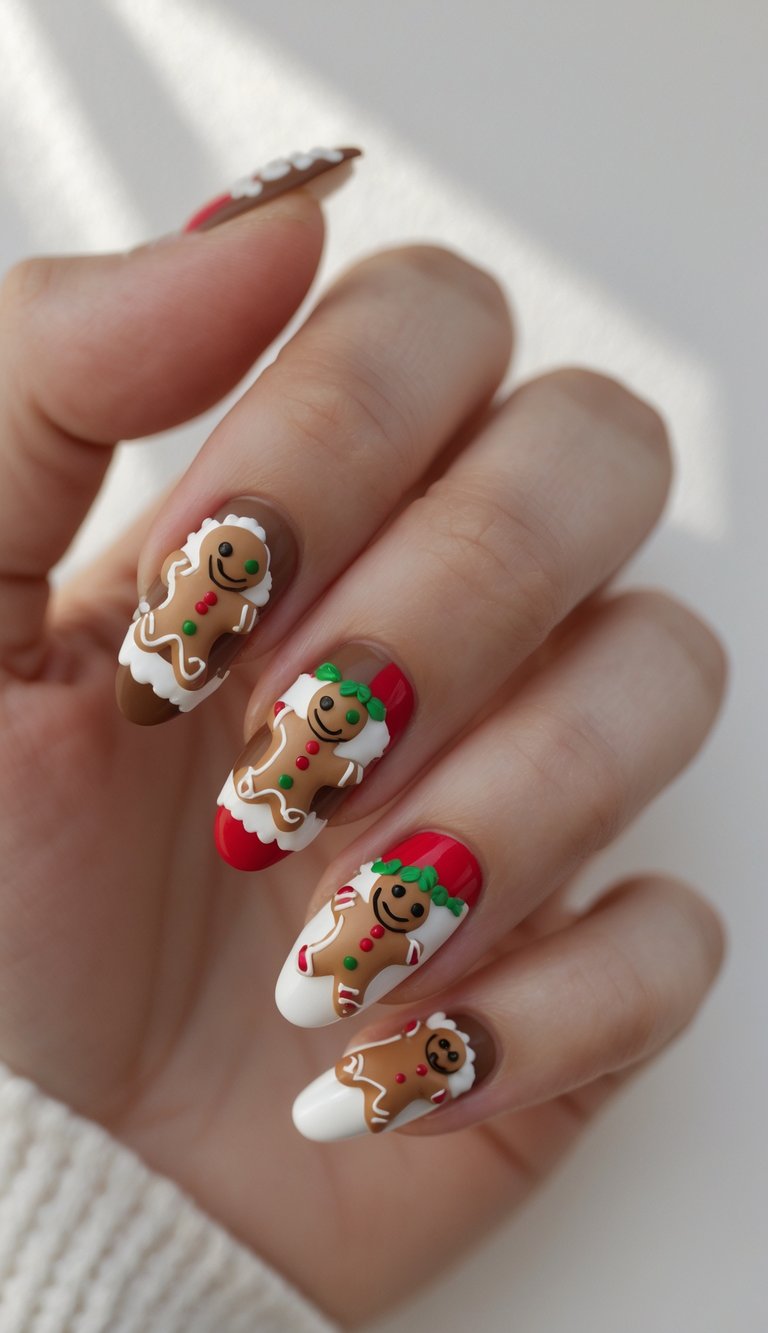 Close-up of a hand with gingerbread man nail art on each fingernail against a white background.