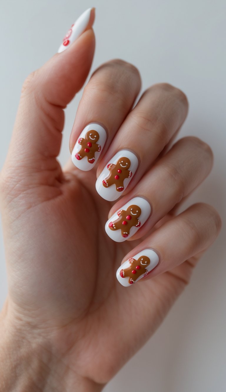 Close-up of one hand with detailed gingerbread man nail art featuring red buttons on each nail against a white background.