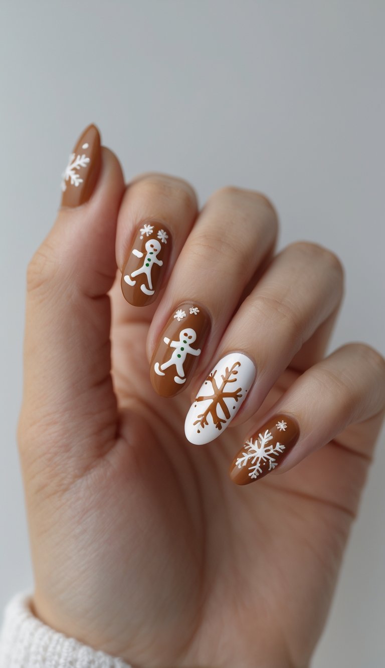 Close-up of one hand with decorated nails showing gingerbread man and snowflake designs on a white background.