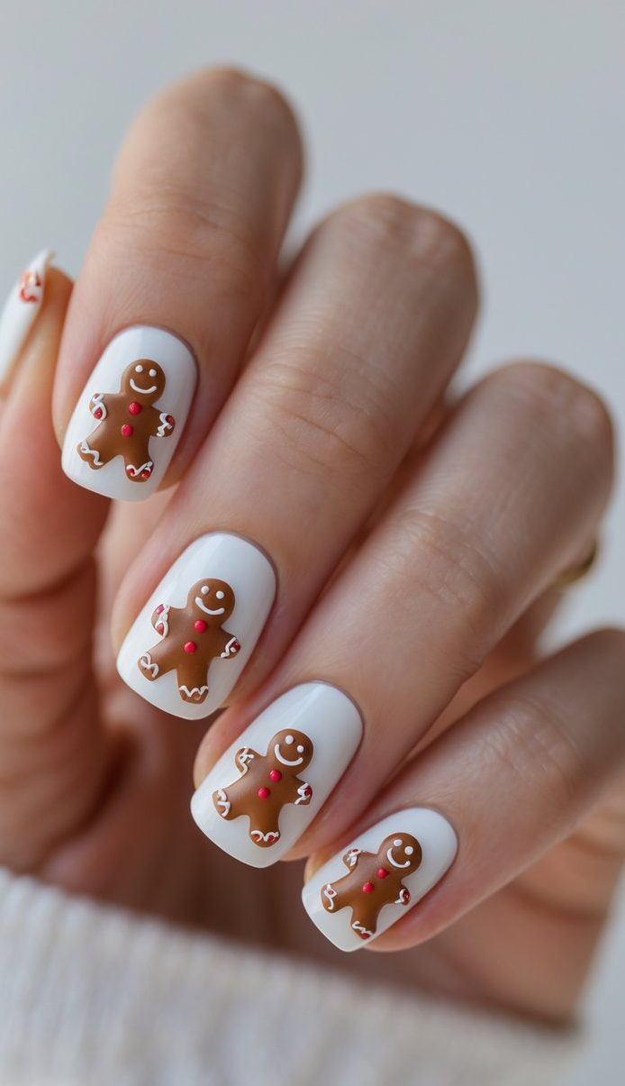 Soft white nails with chic gingerbread designs—red dotted buttons and detailed frosting arms give each figure a stylish seasonal flair.