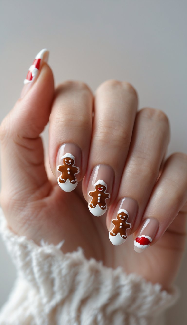 Clear nails featuring gingerbread men with icing hats and boots, plus a red and white Santa cap on the thumb for a merry finish.
