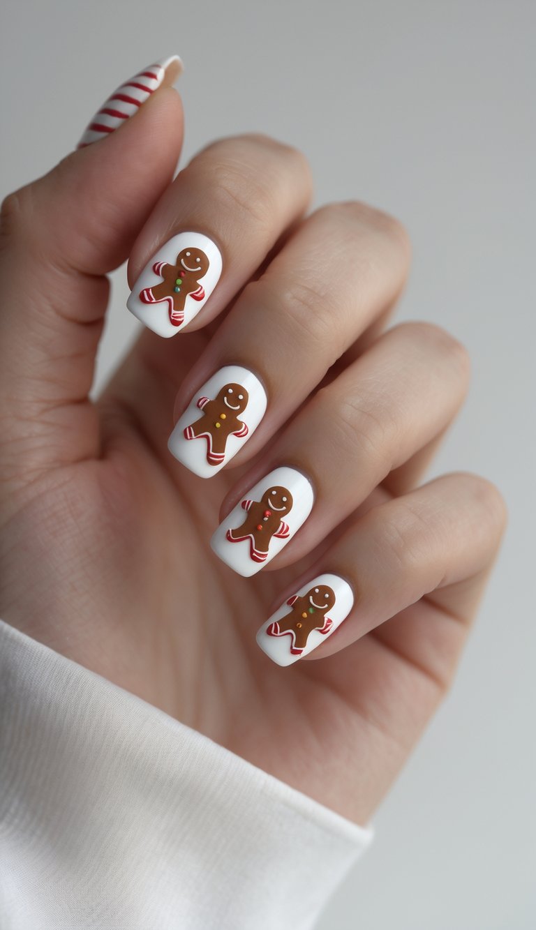 Bright matte white nails with striped-arm gingerbread men and a candy cane swirl accent on the thumb for festive cheer.