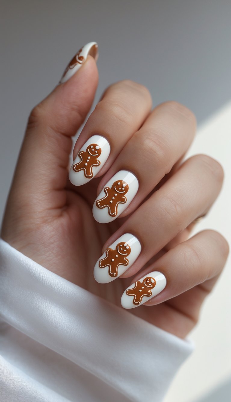 Matte white nails decorated with cheerful gingerbread men outlined in icing, each with dotted white buttons for a festive yet clean winter look.