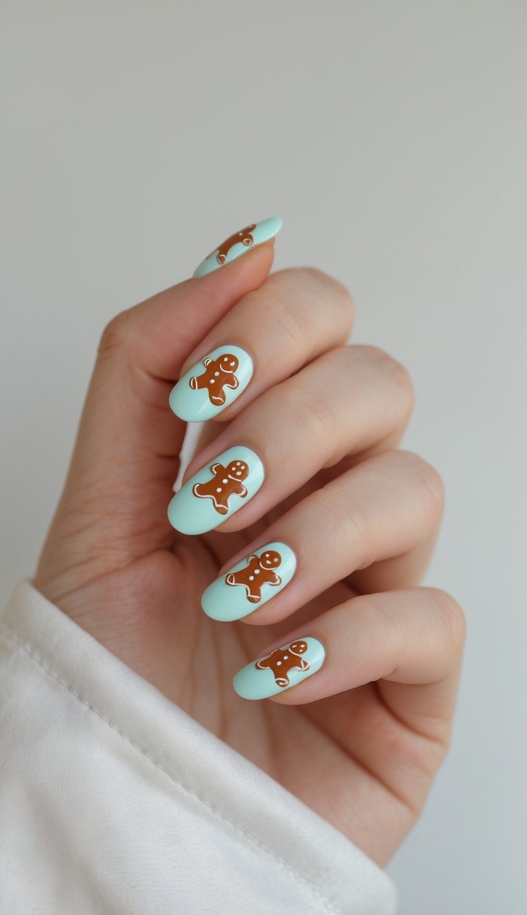 Frosted mint-blue nails with white-outlined gingerbread men, complete with dotted icing and cheerful expressions.