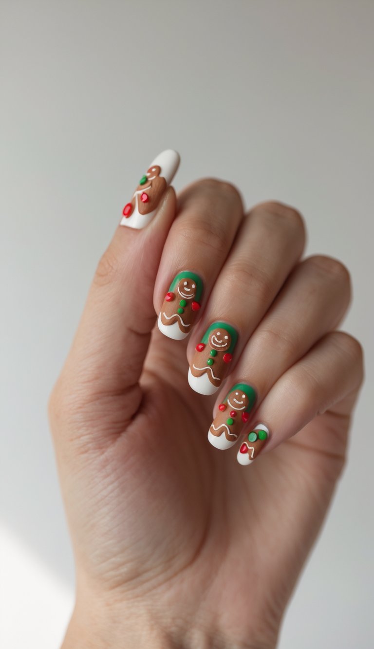 Forest green nails with gingerbread figures dressed in red and green candy dots, topped with white icing tips for a joyful holiday look.