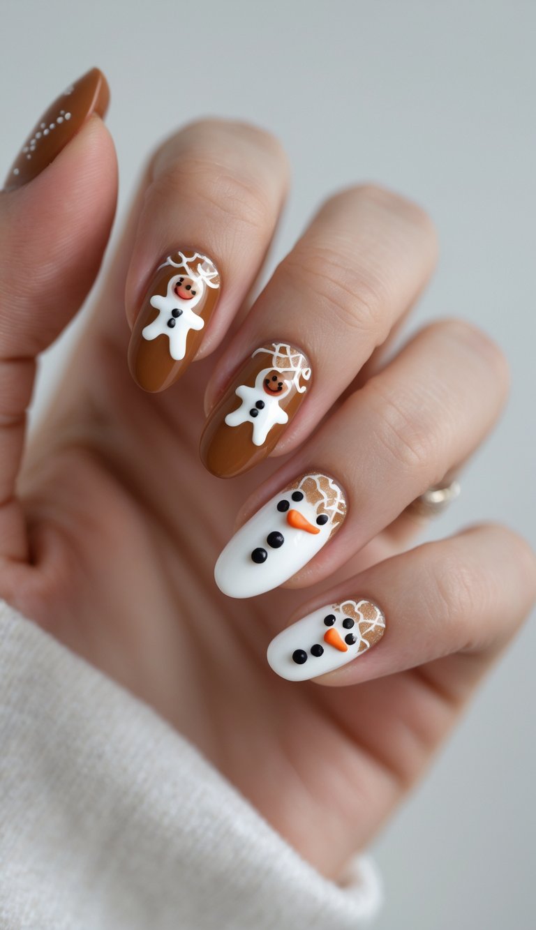 Whimsical nail design combining caramel and white polish, with gingerbread cookies and snowman faces highlighted by frosted swirl accents and 3D button details.