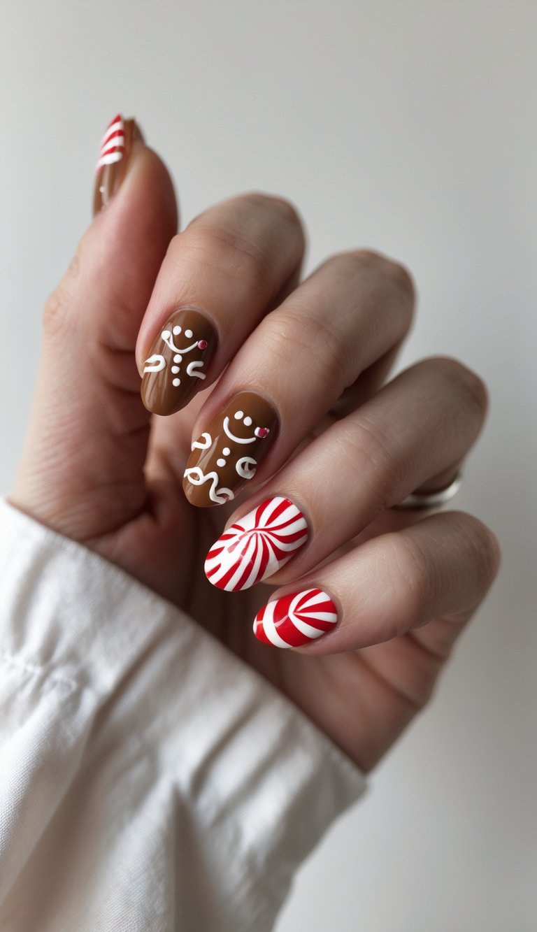 Holiday nails featuring gingerbread men on brown polish and red peppermint swirl designs for a sweet, candy-inspired twist.