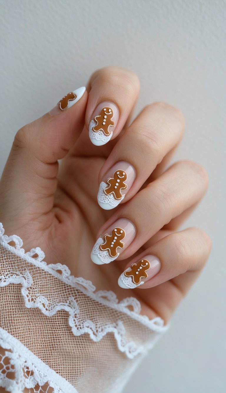 Blush nails with gingerbread men resting on lace-like white French tips, blending festive details with soft, delicate elegance.