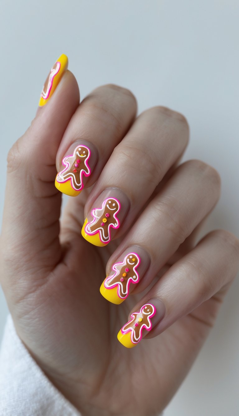 Modern holiday nails featuring yellow French tips and gingerbread men outlined in glowing pink for a pop-art festive vibe.