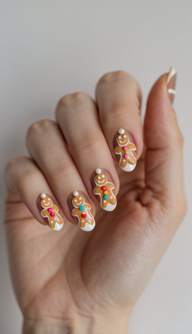 Playful pastel-striped nails paired with gingerbread-toned designs featuring smiley faces and icing squiggles for a soft, candy-inspired look.