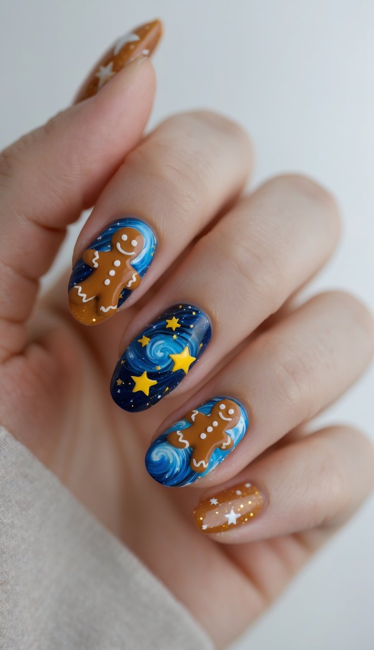 Whimsical nail art with swirling blue galaxies, golden stars, and gingerbread men on cosmic and caramel-toned backgrounds.