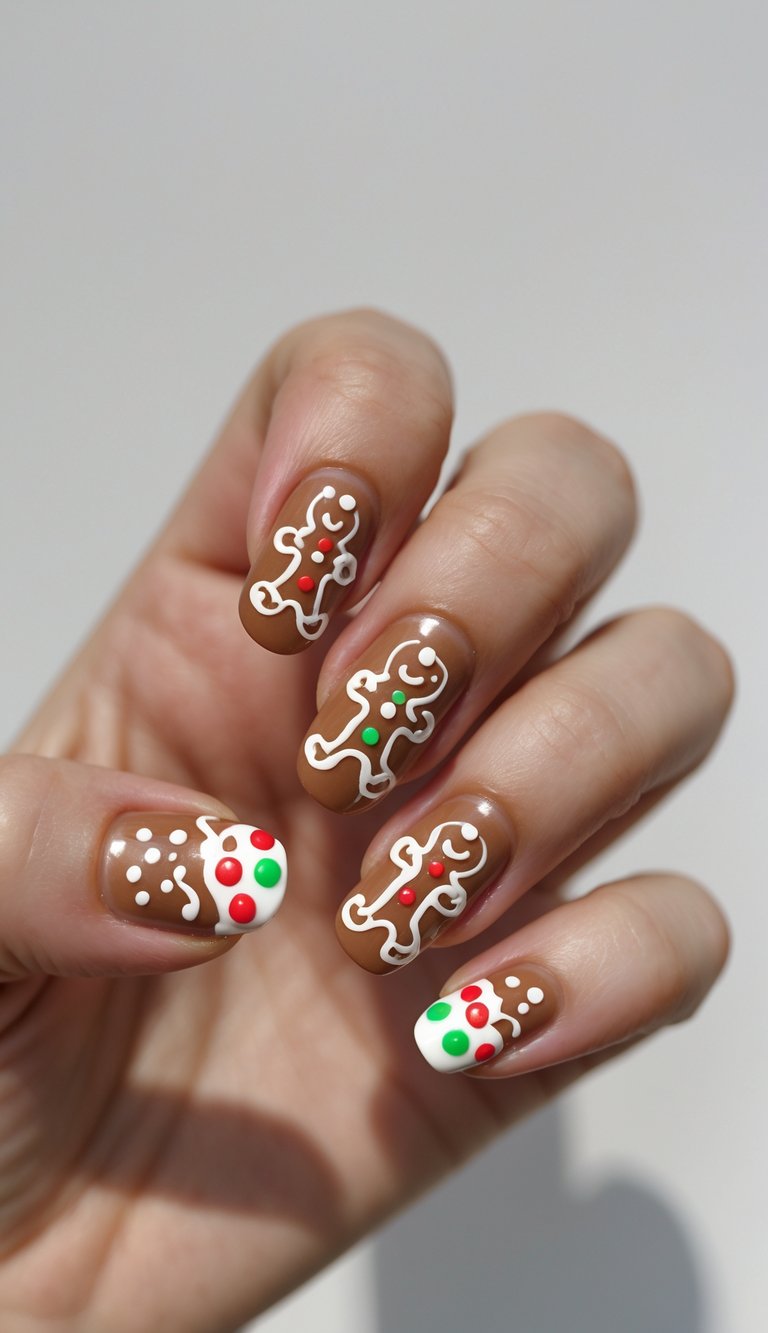 Gingerbread-toned nails with piped white icing, red and green dot accents, and smiling cookie characters for a cheerful Christmas look.