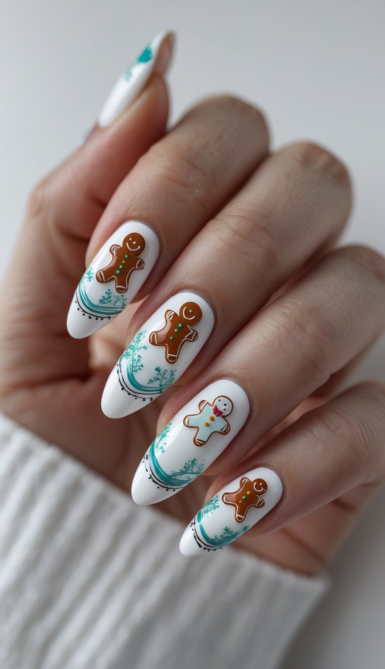 White nails decorated with brown gingerbread men, green swirl accents, and fine dotted detailing for a festive winter look.