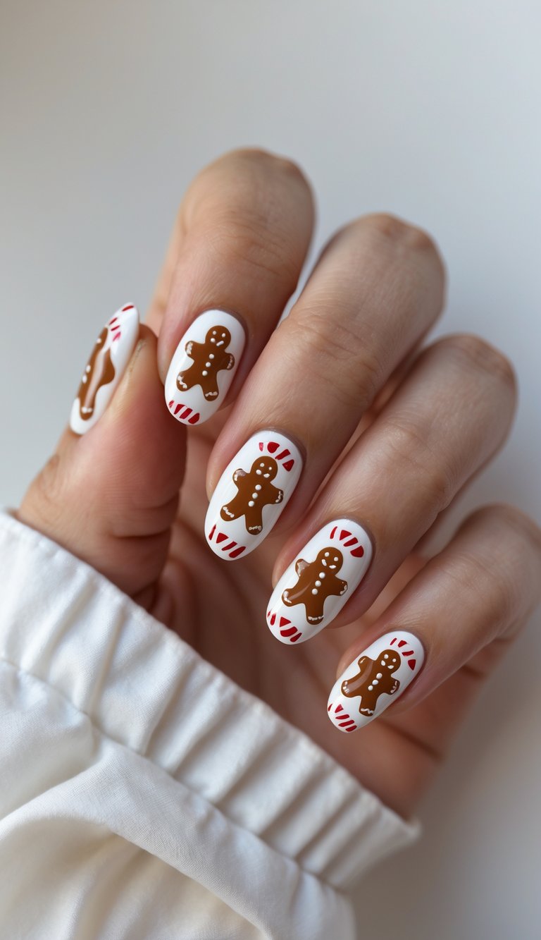 Bright white nails featuring gingerbread cookies outlined with red diagonal stripes, giving a fun and festive candy cane flair.