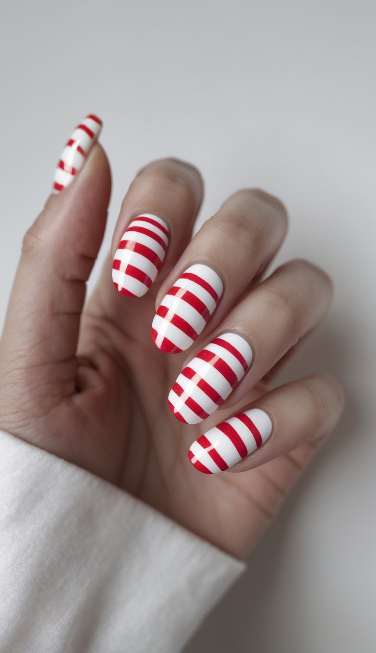 Nail art featuring bold red and white stripes inspired by classic candy canes