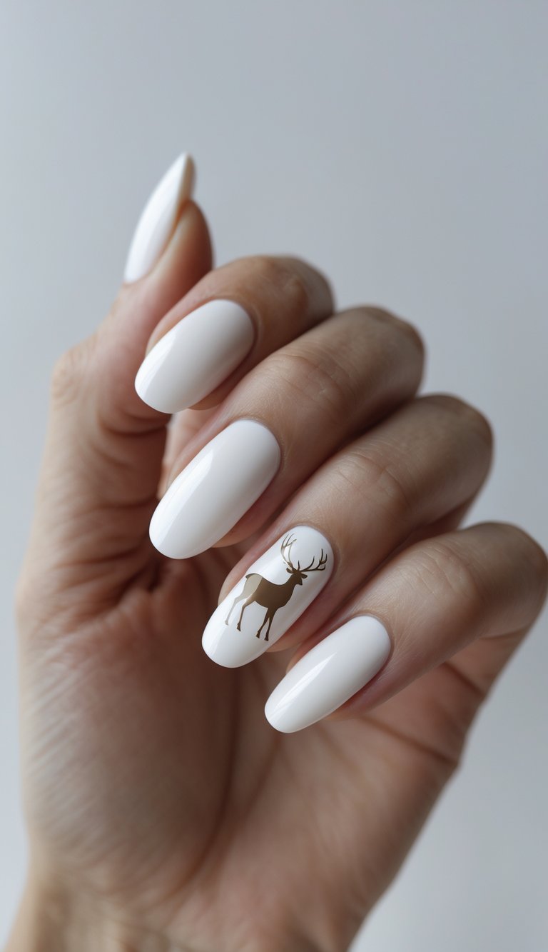 Simple white nails with a reindeer silhouette on a single accent nail