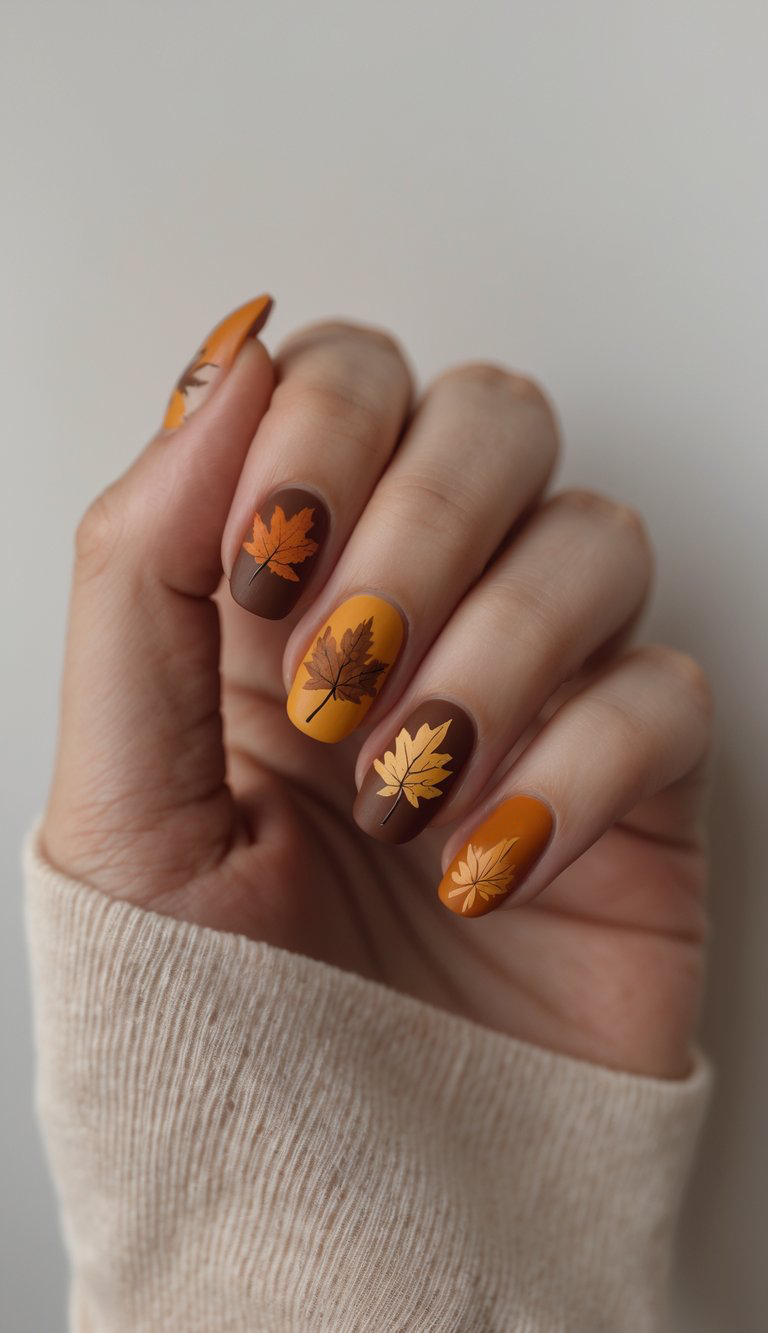 Rich brown and mustard nails set the stage for delicate maple leaf art, instantly evoking the spirit of autumn. This cozy color combination feels like fall wrapped around your fingertips.