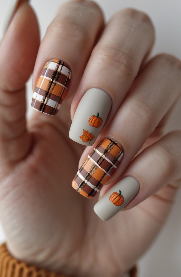 For a playful twist, go for plaid-patterned nails paired with matte nails showcasing tiny pumpkins and maple leaves. This cheerful combo turns your manicure into a seasonal statement.