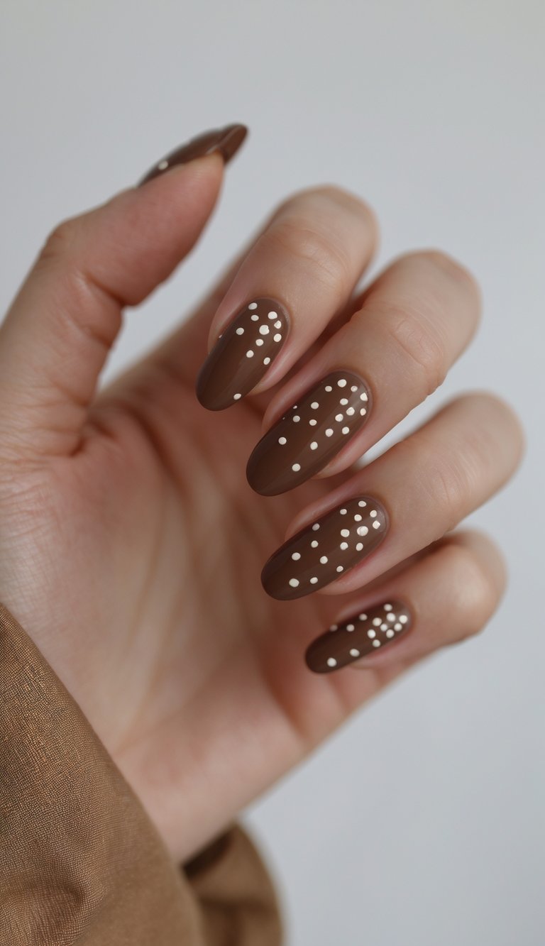 Here’s a mani that looks both sweet and stylish: matte chocolate brown nails sprinkled with delicate white polka dots. 